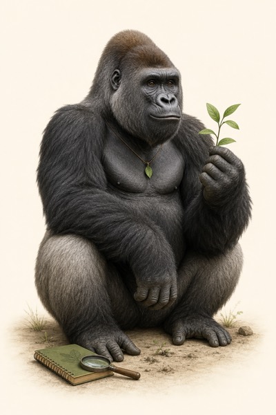 Grove, PlantPowerIQ's plant-powered guide — a calm, strong, friendly gorilla holding a small sprout